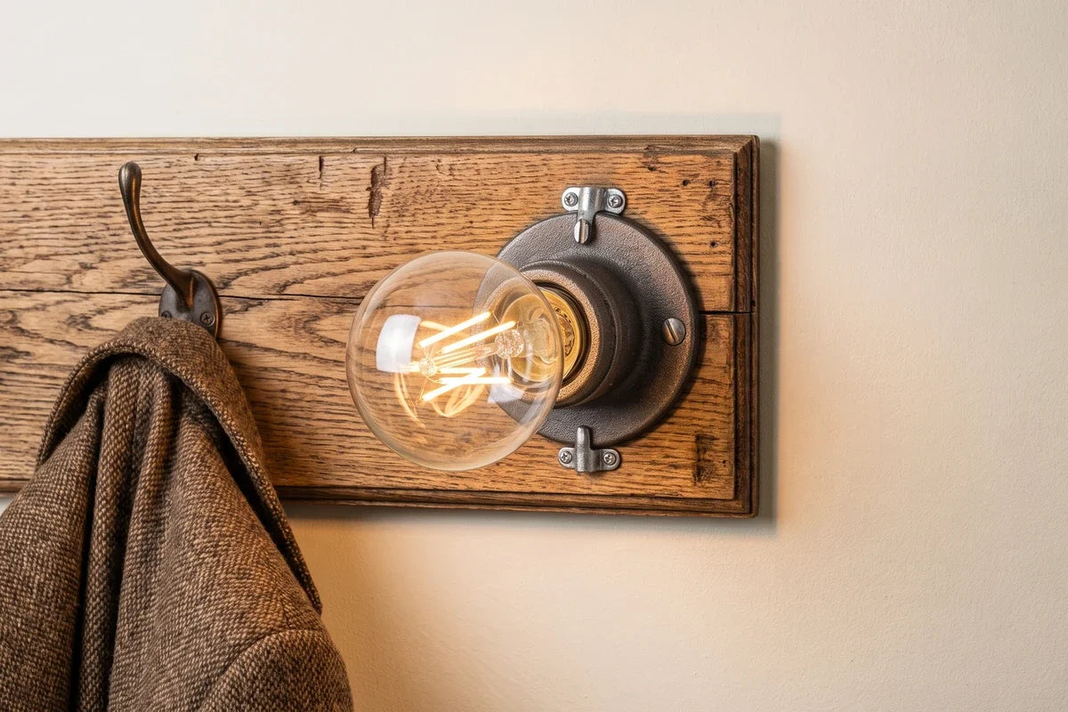 Ampoule LED à filament vissée dans une applique de fonte sur une planche de chêne, allumée en lumière chaude.