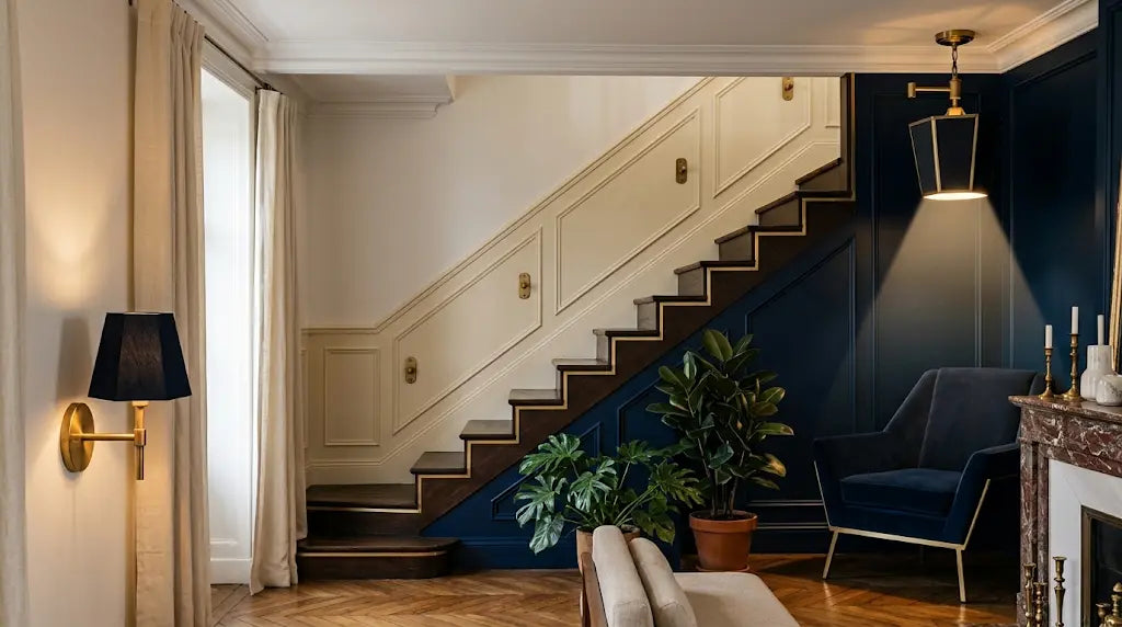 Applique murale en laiton à abat-jour noir sur un mur crème, lanterne de laiton fixée au plafond au-dessus d’un fauteuil de velours bleu nuit, escalier à lambris et parquet en chevrons Image