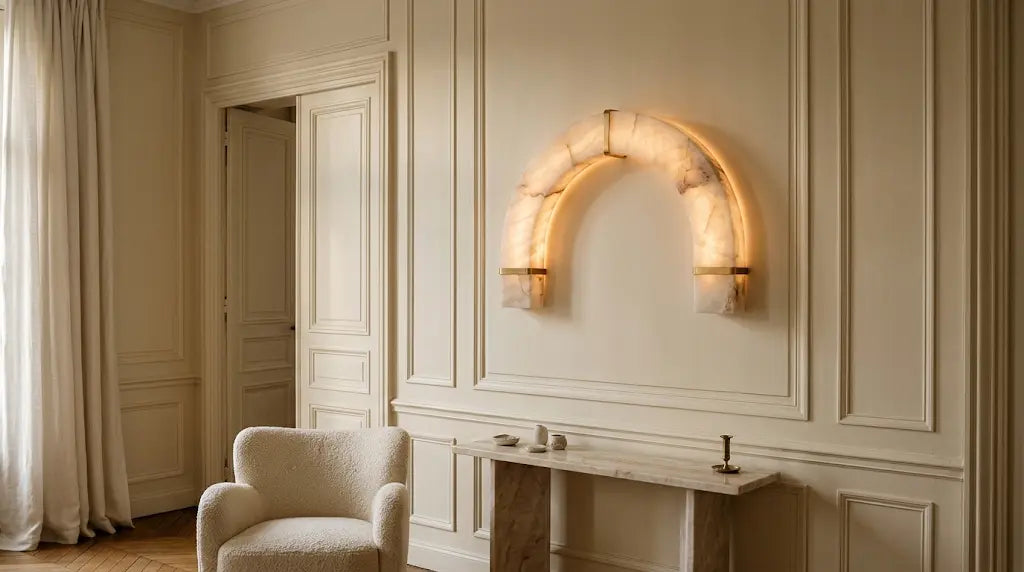 Applique murale en arche de pierre translucide veinée tenue par deux étriers dorés, allumée de l’intérieur sur une boiserie crème, au-dessus d’une console de marbre clair, fauteuil en bouclette ivoire au premier plan