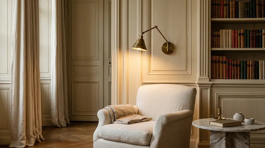 Applique murale à bras articulé et cône de laiton, allumée au-dessus d’un fauteuil en lin écru, dans un salon aux boiseries crème, bibliothèque et guéridon de marbre à côté