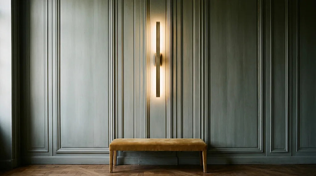 Applique murale verticale de laiton allumée dans un panneau étroit de boiseries gris-vert, sa lumière montant et descendant le long du mur, au-dessus d’une banquette de velours ocre. Image