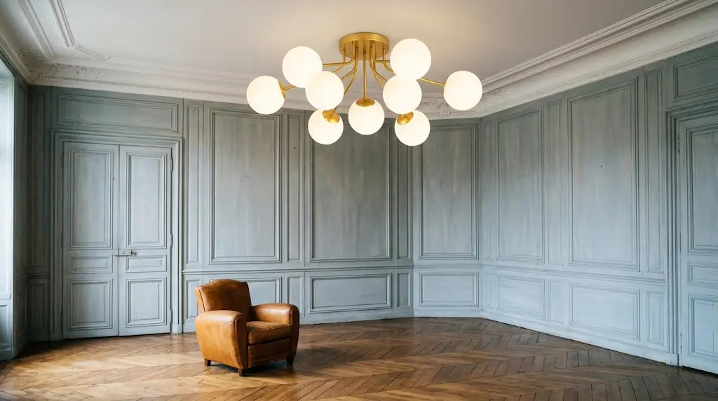 Plafonnier à neuf globes de verre opalin sur bras de laiton, allumé au plafond d’un salon aux boiseries gris-bleu, au-dessus d’un fauteuil club de cuir fauve. Image
