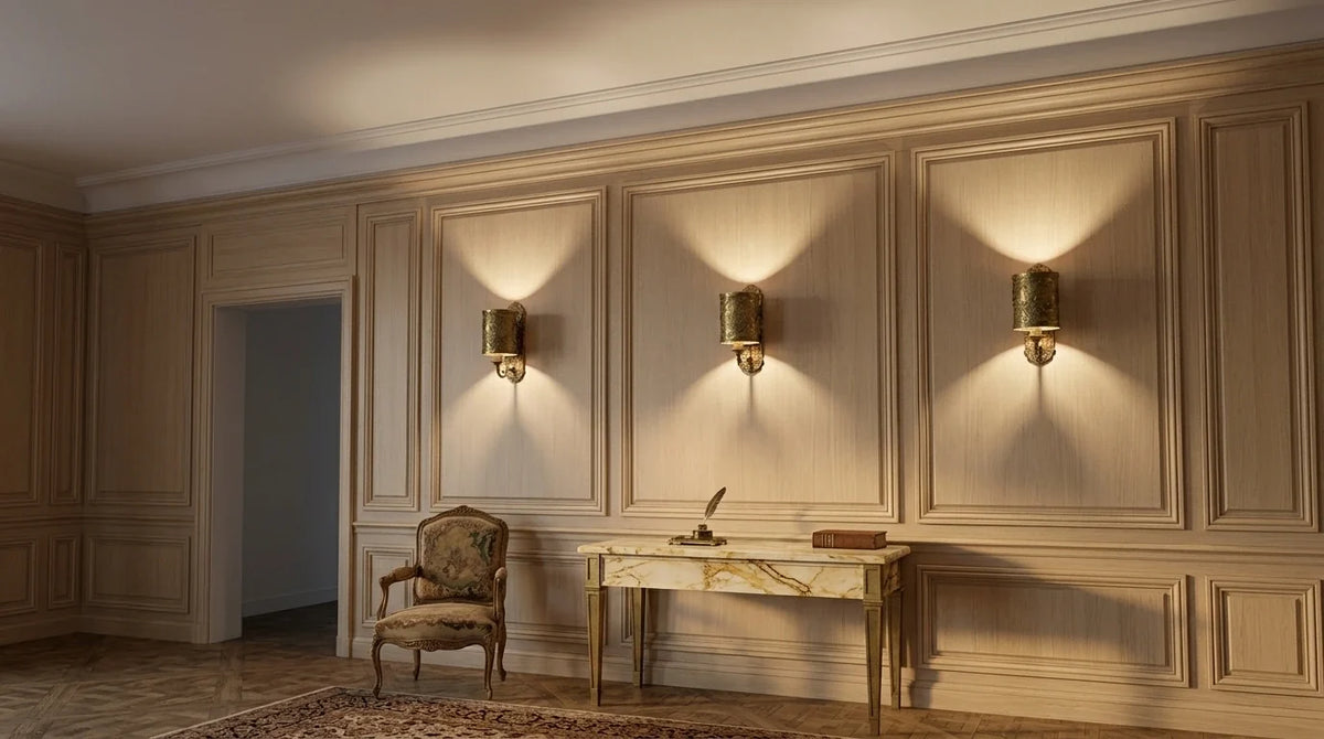 Mur de séjour en boiserie crème portant trois appliques en laiton patiné également espacées, chacune projetant un cône de lumière chaude sur la paroi