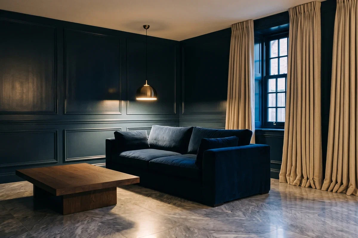 Éclairer un salon en soirée : suspension au-dessus d'un canapé de velours bleu nuit et sol de marbre gris.