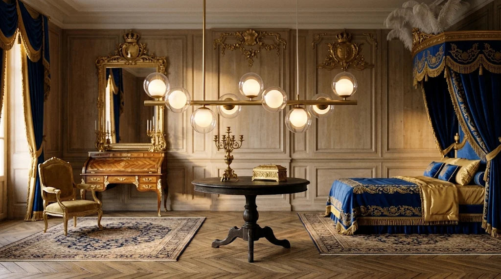 Suspension linéaire de laiton à globes de verre, allumée au-dessus d’un guéridon noir dans une chambre de palais aux boiseries dorées et aux tentures bleues.