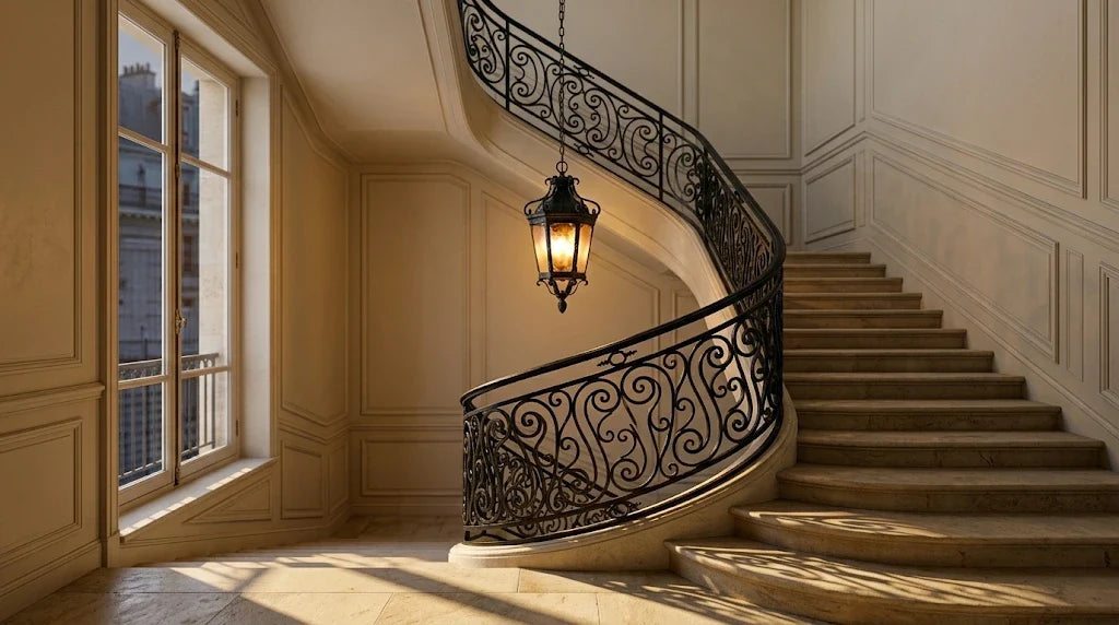 Suspension de métal noir patiné allumée dans la cage d’un escalier d’honneur, au-dessus d’une volée de pierre calcaire et d’une rampe à volutes.