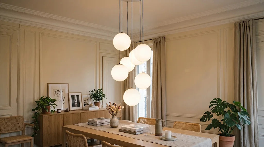 Suspension à globes de verre opalin allumés, à des hauteurs différentes, au-dessus d’une table de chêne dans une salle à manger aux boiseries crème : une lumière diffuse, sans ampoule visible à travers le verre