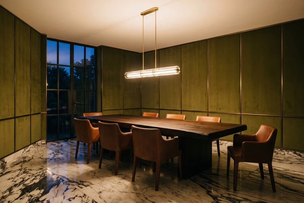 Hauteur d'une suspension au-dessus d'une table : lumière chaude centrée sur un plateau d'orme fumé. Image