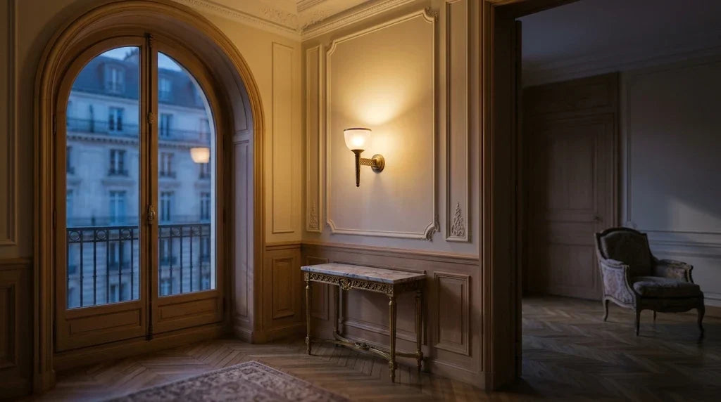 Une applique murale en laiton allumée sur un panneau de boiserie crème, au-dessus d’une console de marbre, dans un intérieur parisien en fin de journée.