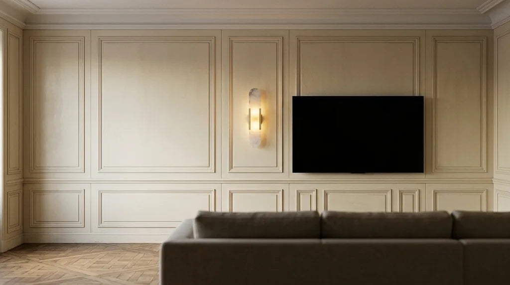 Applique murale en arche, effet pierre veinée, allumée sur un mur à boiseries crème, à gauche d'un téléviseur éteint, canapé vu de dos : un luminaire à côté de la télé, dans le plan de l'écran, sans reflet sur la dalle