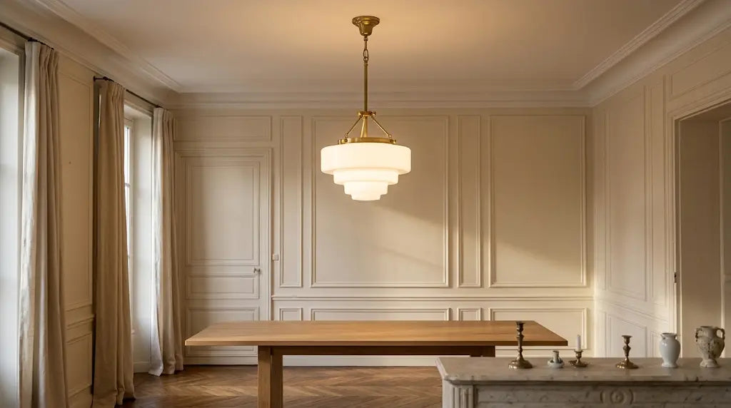 Suspension Art déco à gradins de verre opalin et monture de laiton doré, allumée au-dessus d’une table de chêne dans une salle à manger aux boiseries crème, console de marbre veiné au premier plan Image