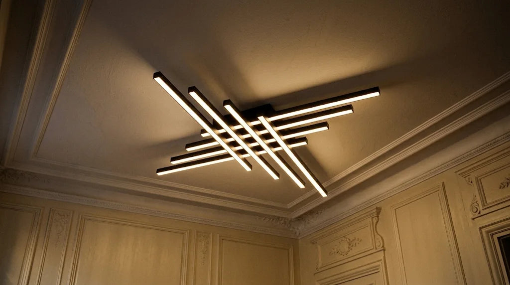 Plafonnier allumé, barres noires croisées sous un plafond à corniche, boiseries crème : la lumière chaude que la photo d'un luminaire ne montre qu'à sa manière Image