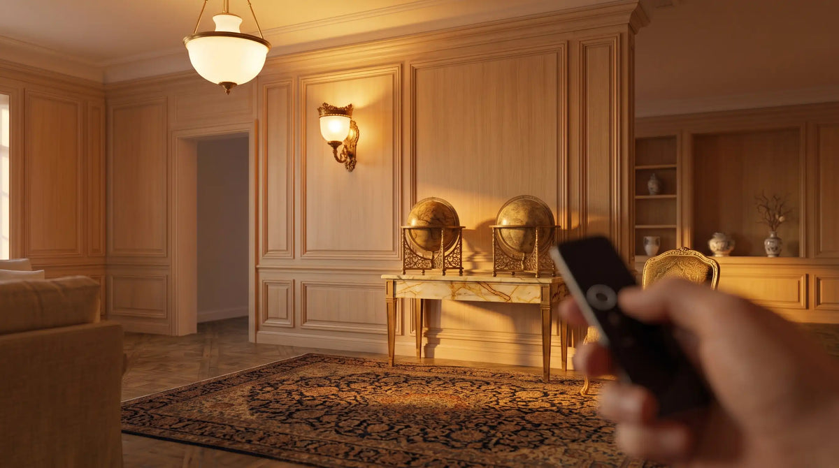 Plafonnier allumé dans un salon, et sa commande à distance au premier plan.