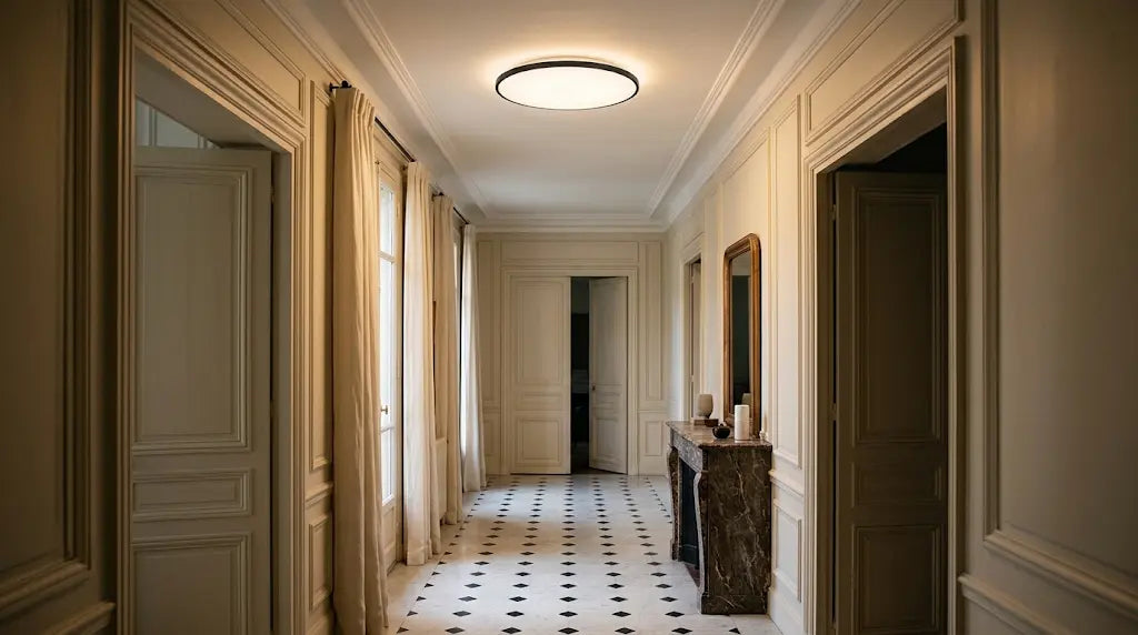 Plafonnier rond extra plat à disque opalin cerclé d’un fin jonc noir, allumé au plafond d’un long couloir haussmannien aux boiseries crème, dallage de marbre blanc à cabochons noirs et console de marbre veiné Image