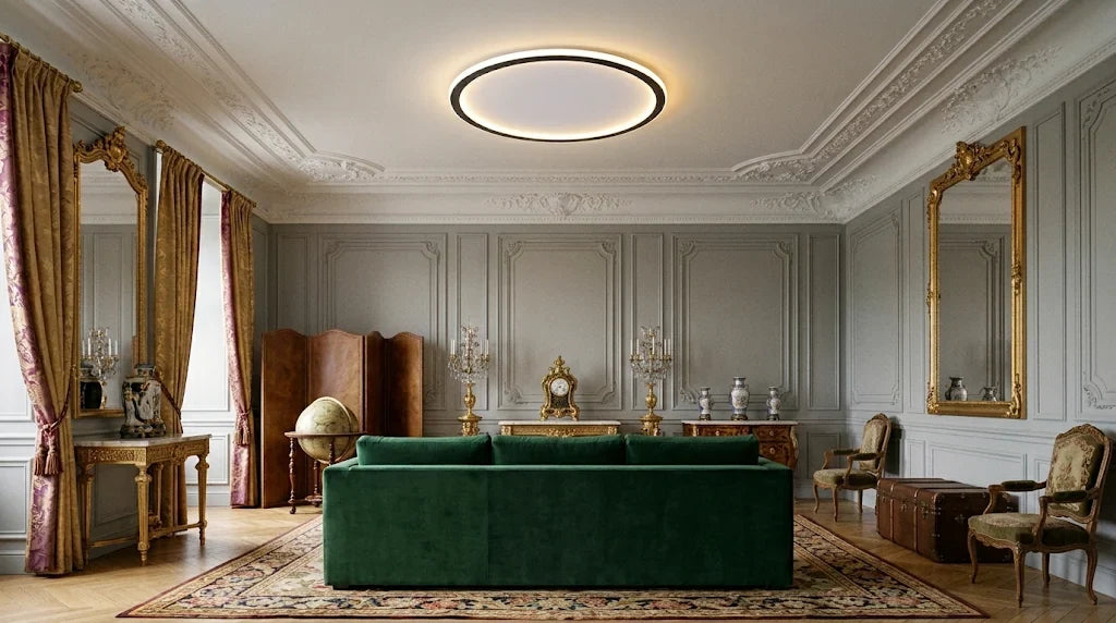 Plafonnier rond à anneau noir allumé au centre d’un plafond à moulures, au-dessus d’un canapé de velours vert dans un salon aux boiseries gris perle. Image