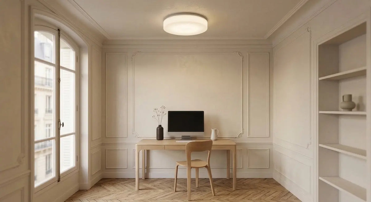 Un plafonnier à diffuseur opalin éclaire un bureau de travail installé près d'une fenêtre, écran placé de côté.