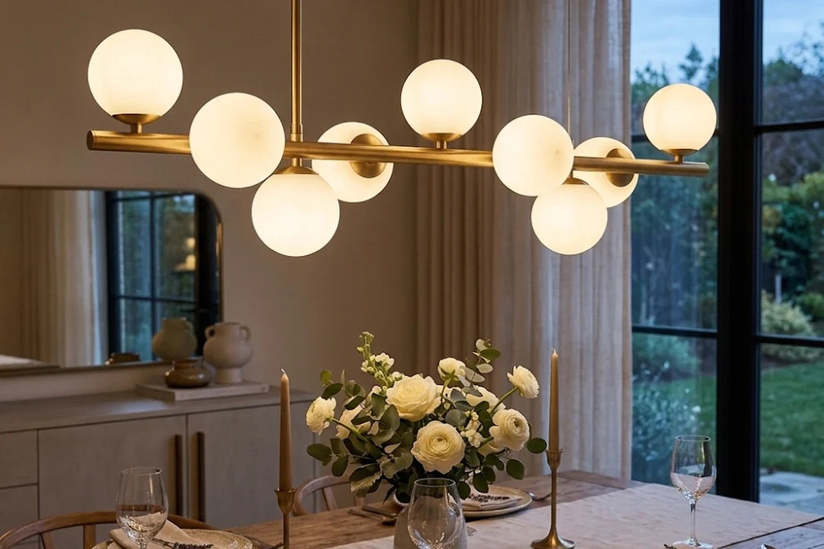Suspension linéaire dorée à globes de verre opalin allumée au-dessus d'une table de salle à manger dressée en bois clair.