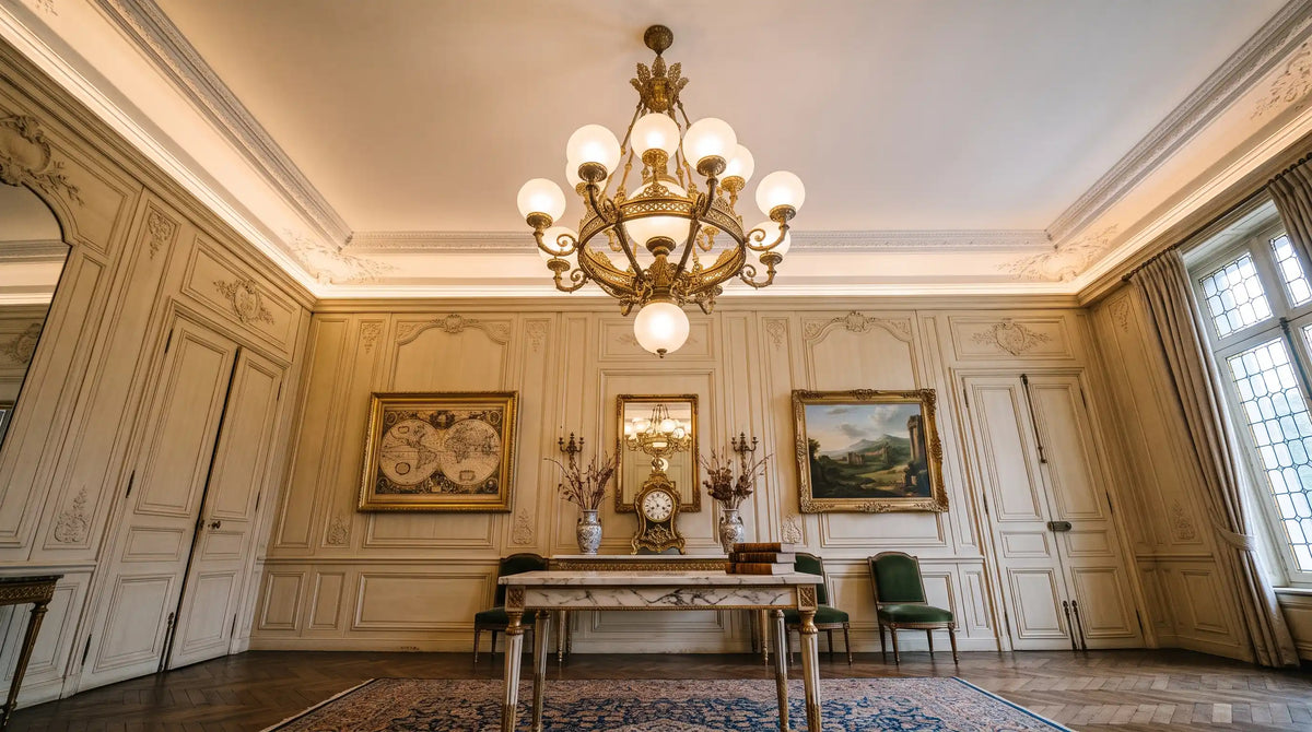 Lustre à globes opalins et bronze doré dans un salon aux boiseries crème, vu en contre-plongée, le plafond éclairé jusqu'à la corniche