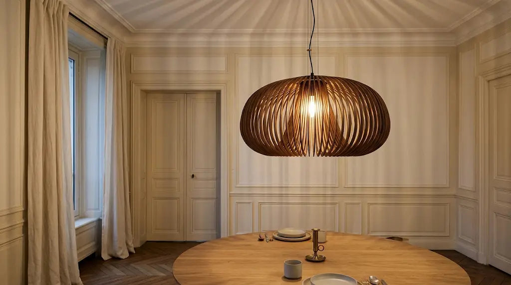 Suspension en lamelles de bois cintré teinte noyer, allumée au-dessus d’une table ronde en chêne, ses raies de lumière projetées sur le plafond d’une salle à manger aux boiseries crème
