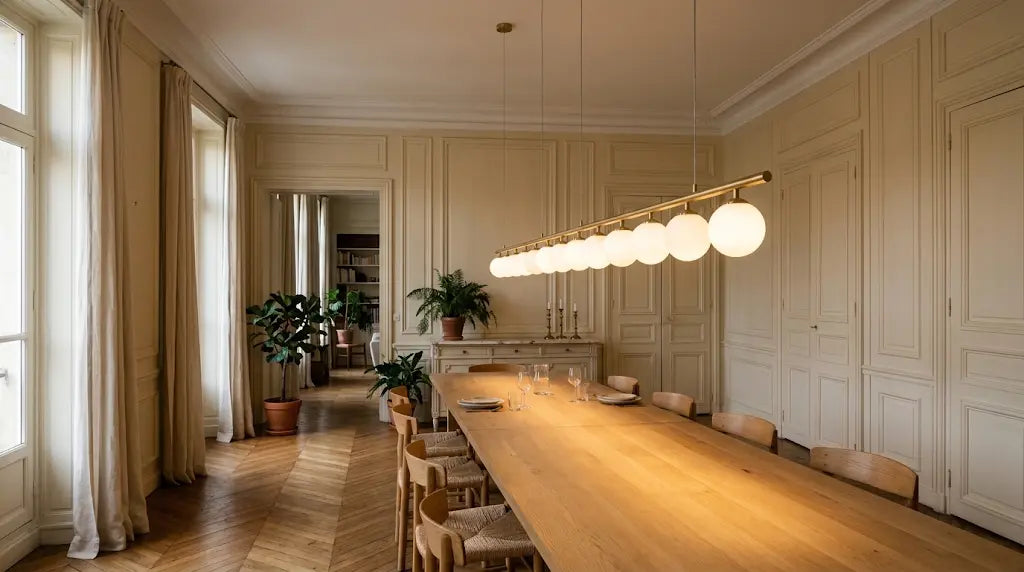 Suspension linéaire en barre de laiton satiné portant une rangée de globes de verre opalin allumés, au-dessus d’une longue table de chêne dans une salle à manger aux boiseries crème et au parquet en point de Hongrie