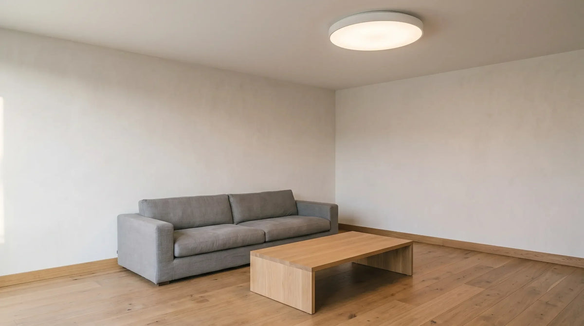 Plafonnier plat à diffuseur opalin allumé au centre du plafond d'un séjour clair, murs blanc cassé et sol de chêne.