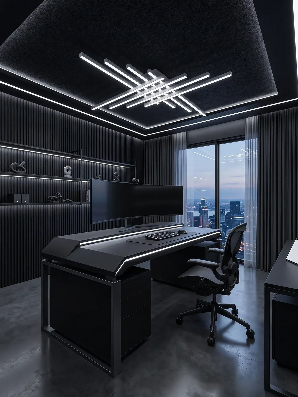 Plafonnier LED blanc mat à huit barres croisées dans un bureau tout noir, écran incurvé et vue sur la ville au crépuscule Image