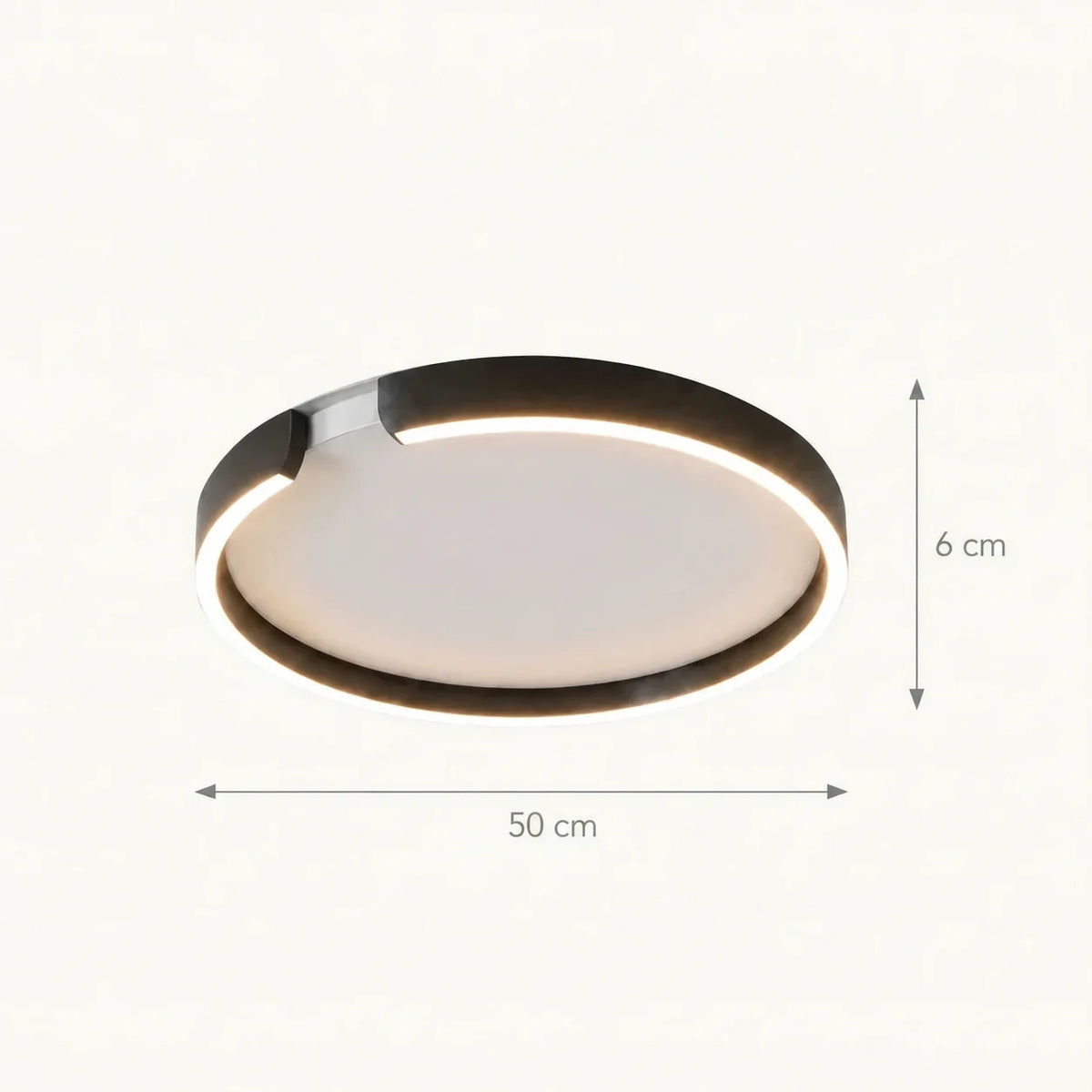 Schéma coté du plafonnier rond : 50 cm de diamètre pour 6 cm d'épaisseur