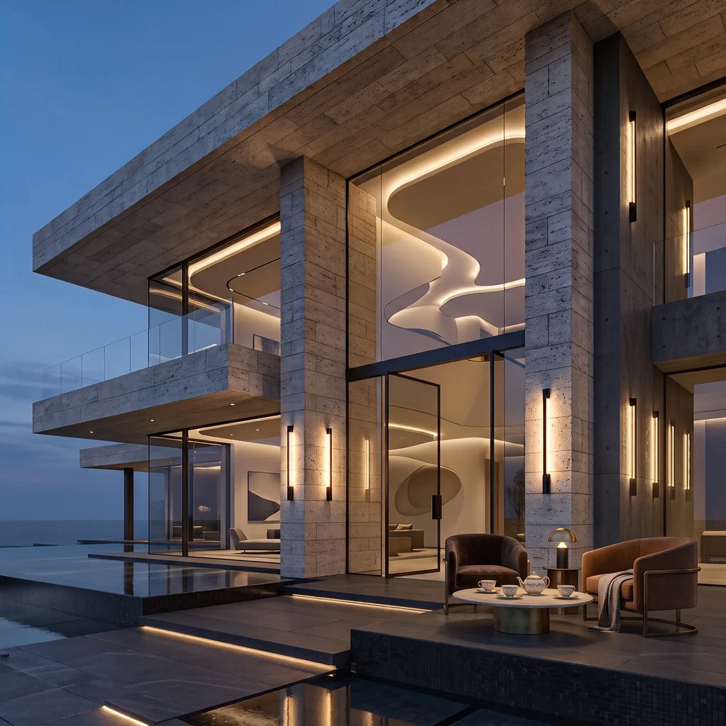Tubes lumineux verticaux sur les piliers de travertin d'une villa à grandes baies face à la mer