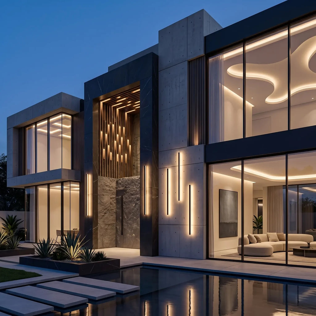 Barres lumineuses verticales rythmant la façade en béton d'une villa à grandes baies