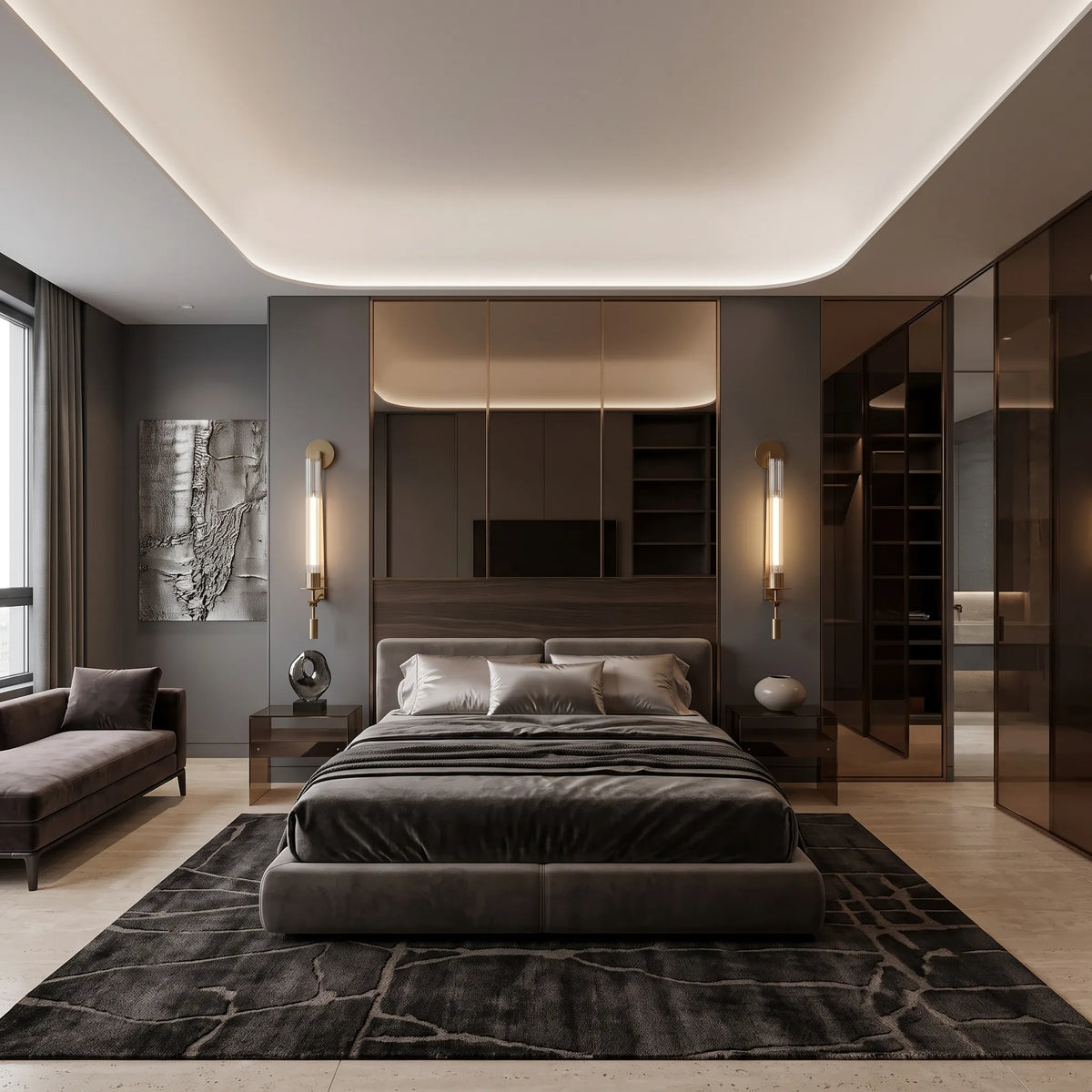Deux appliques Typho de part et d'autre d'un lit, sur un mur gris anthracite et une tête de lit en noyer