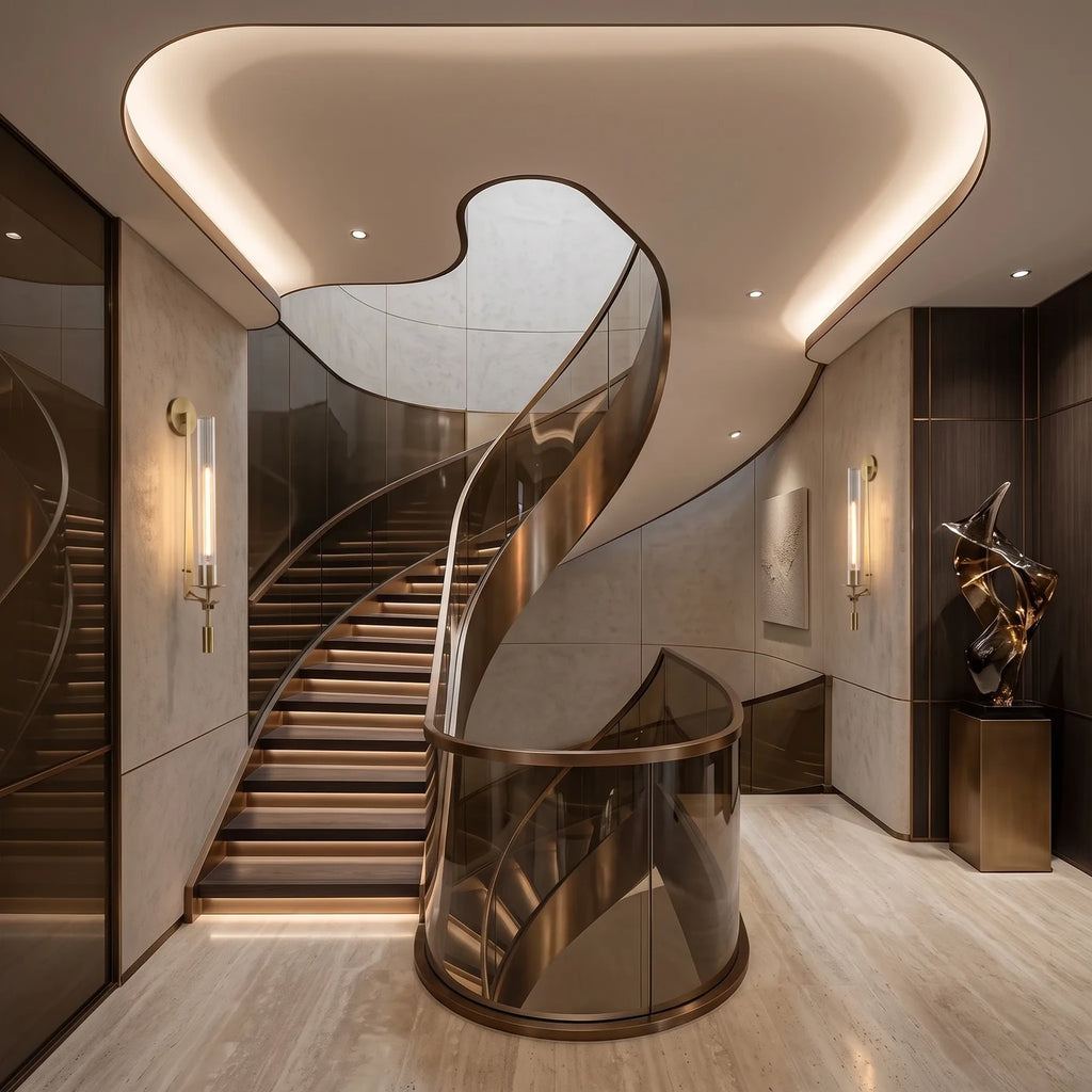 Appliques Typho de part et d'autre d'un escalier hélicoïdal, murs de pierre claire