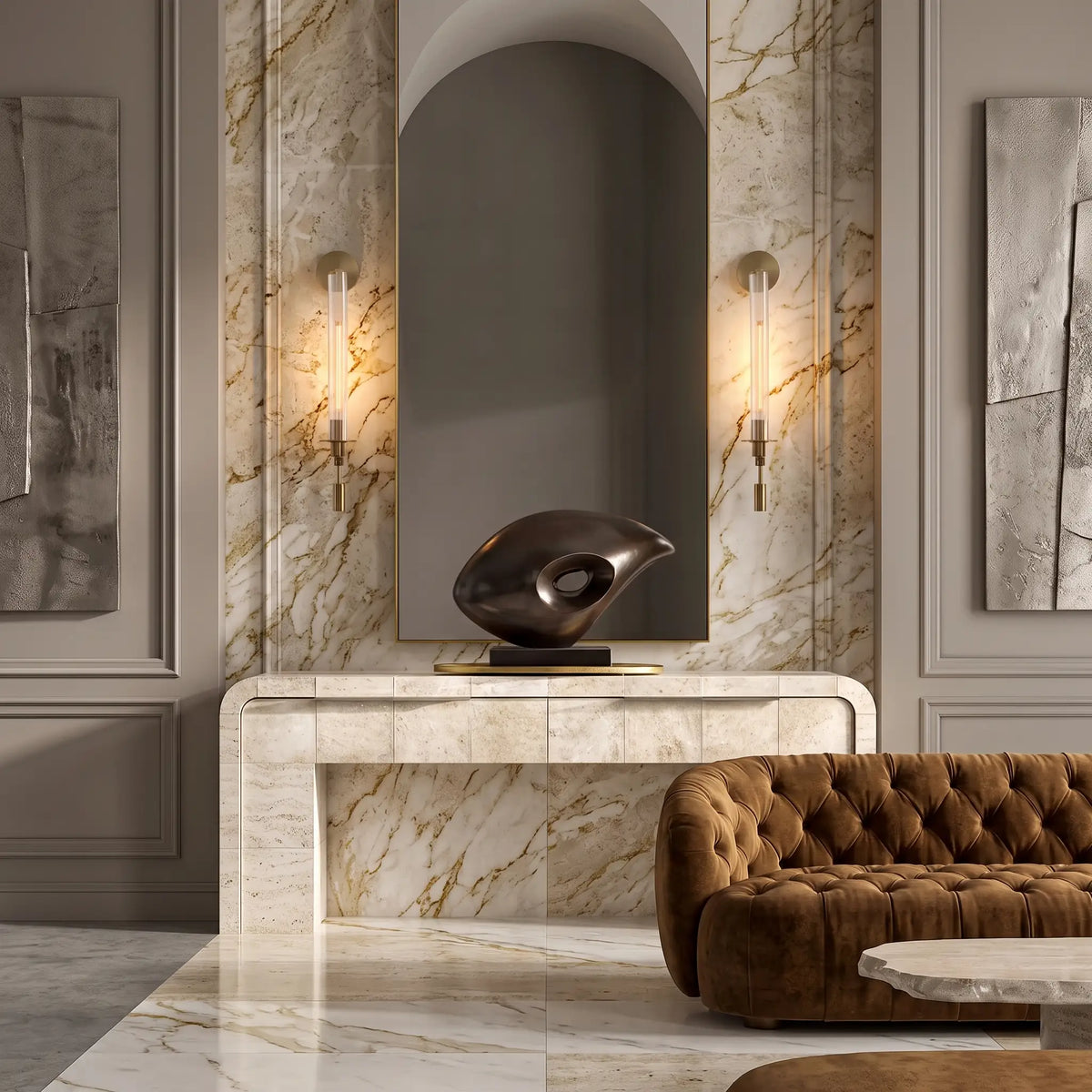 Deux appliques Typho encadrant un miroir arqué au-dessus d'une console de marbre veiné