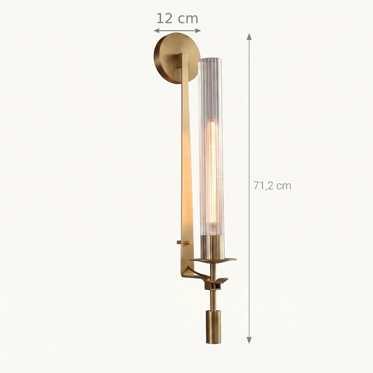 Schéma coté de l'applique : 71,2 cm de hauteur totale et platine de 12 cm de diamètre