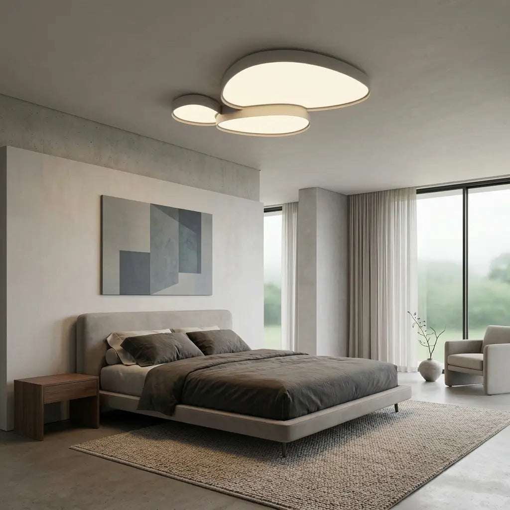 Plafonnier blanc à trois galets au plafond d'une chambre claire, en lumière du jour.