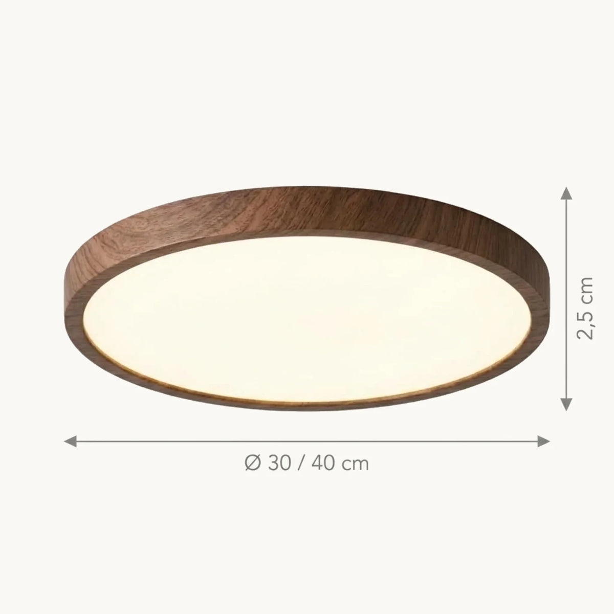 Schéma coté du plafonnier : Ø 30 ou 40 cm, 2,5 cm d'épaisseur
