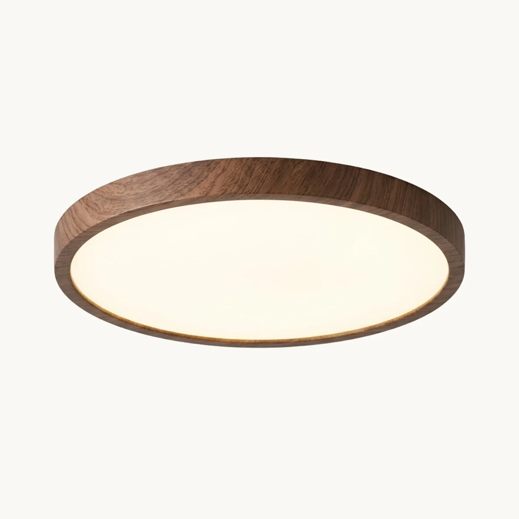 Plafonnier blanc et bois, contour à décor noyer, allumé sur fond ivoire