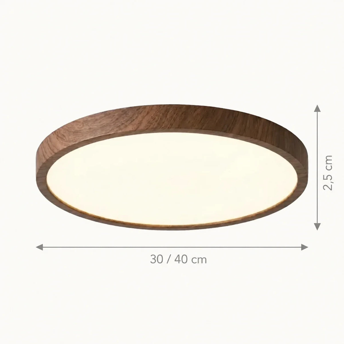 Schéma coté du plafonnier : diamètre 30 ou 40 cm, 2,5 cm d'épaisseur