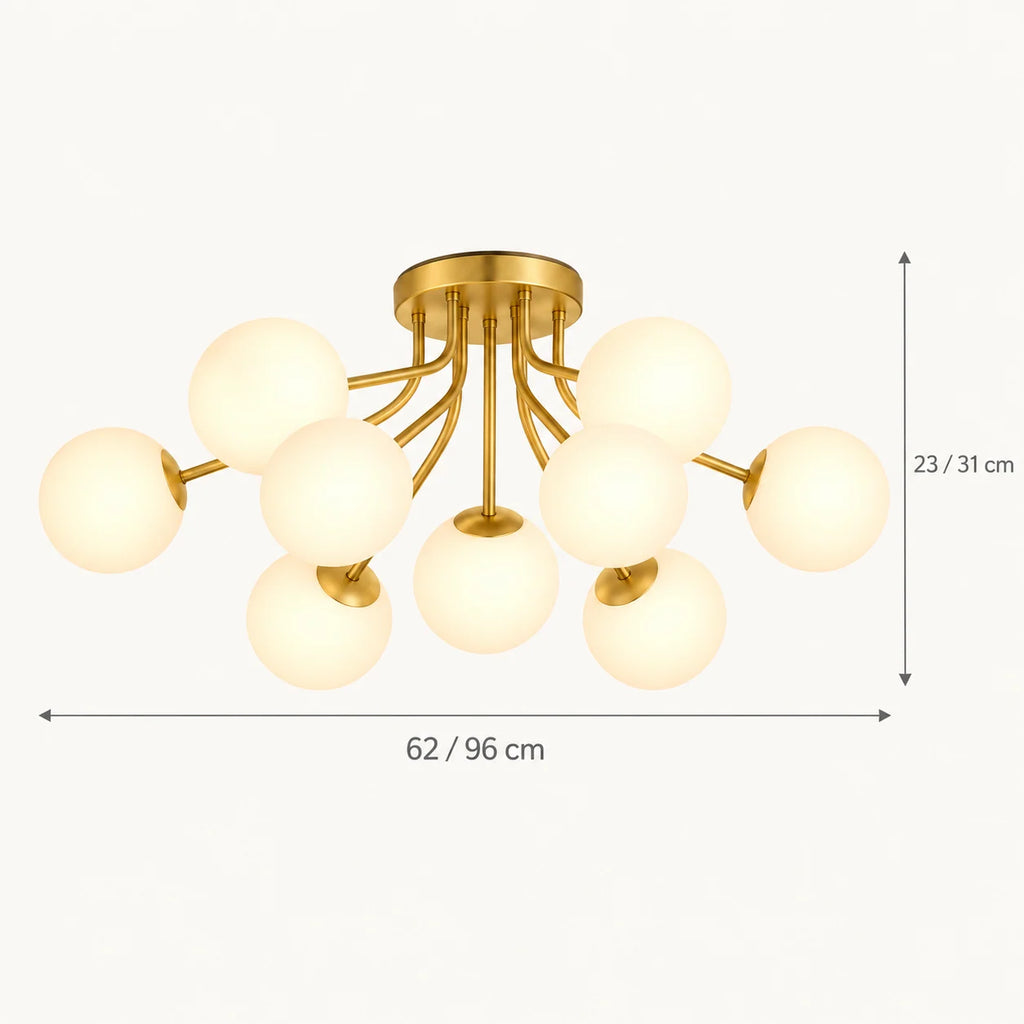 Schéma coté du plafonnier : 62 cm de diamètre et 23 cm de retombée en 5 globes, 96 cm et 31 cm en 9 globes