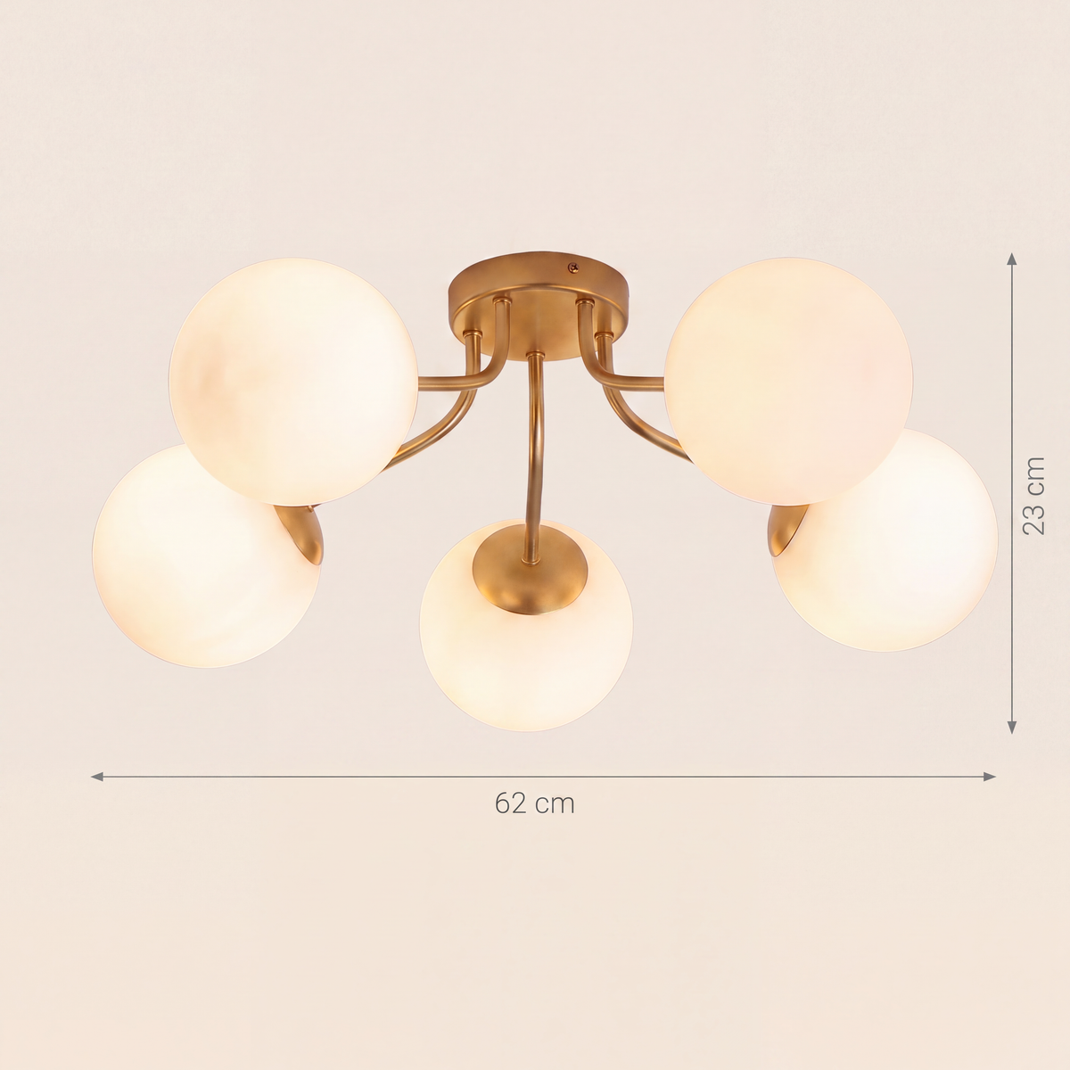 Schéma coté de la version cinq globes, 62 cm de diamètre et 23 cm de retombée