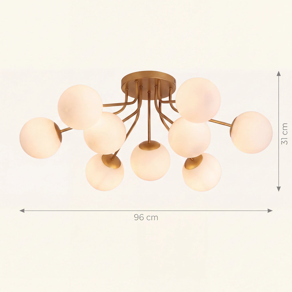 Schéma coté du plafonnier boule de verre neuf globes, 96 cm de diamètre et 31 cm de retombée