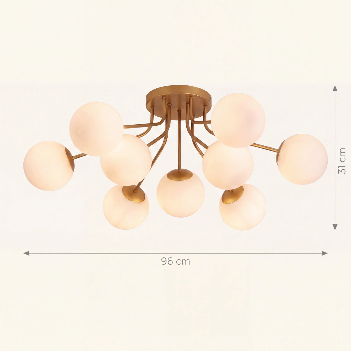 Schéma coté du plafonnier boule de verre neuf globes, 96 cm de diamètre et 31 cm de retombée