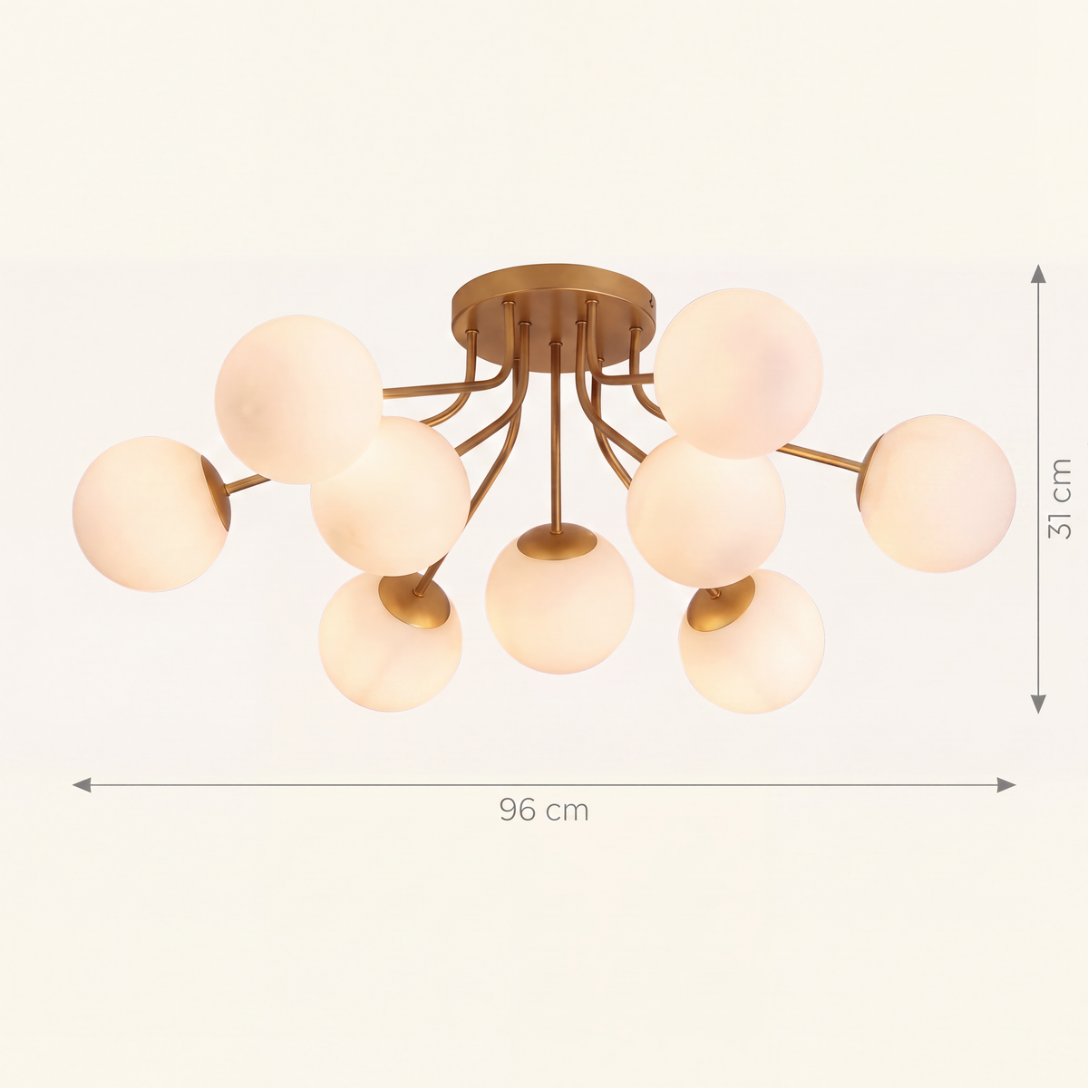 Schéma coté du plafonnier boule de verre neuf globes, 96 cm de diamètre et 31 cm de retombée