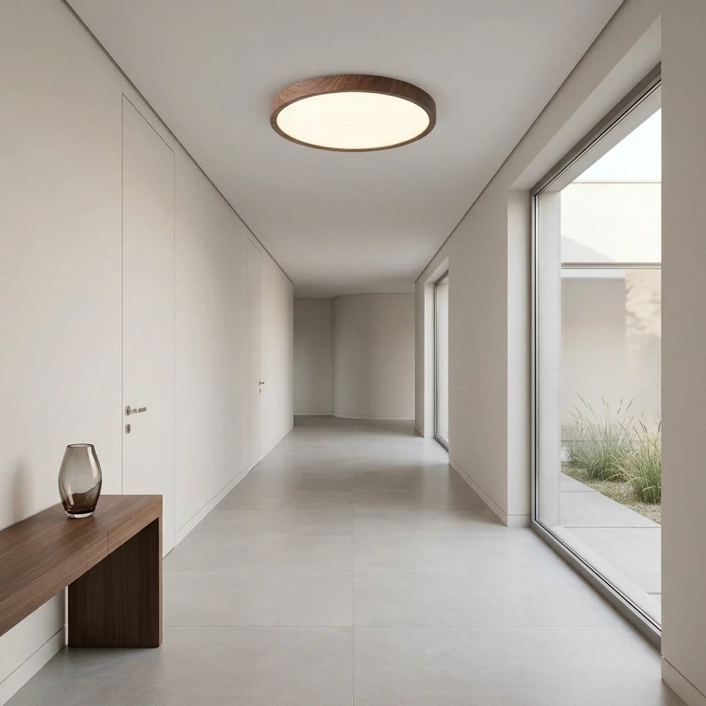 Plafonnier extra-plat décor noyer dans un couloir au sol de pierre claire