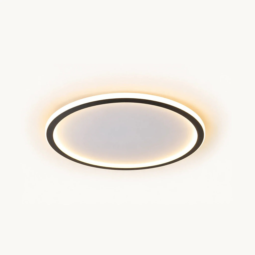 Plafonnier extra plat LED, jonc d'aluminium noir cerclant un diffuseur de silicone, allumé
