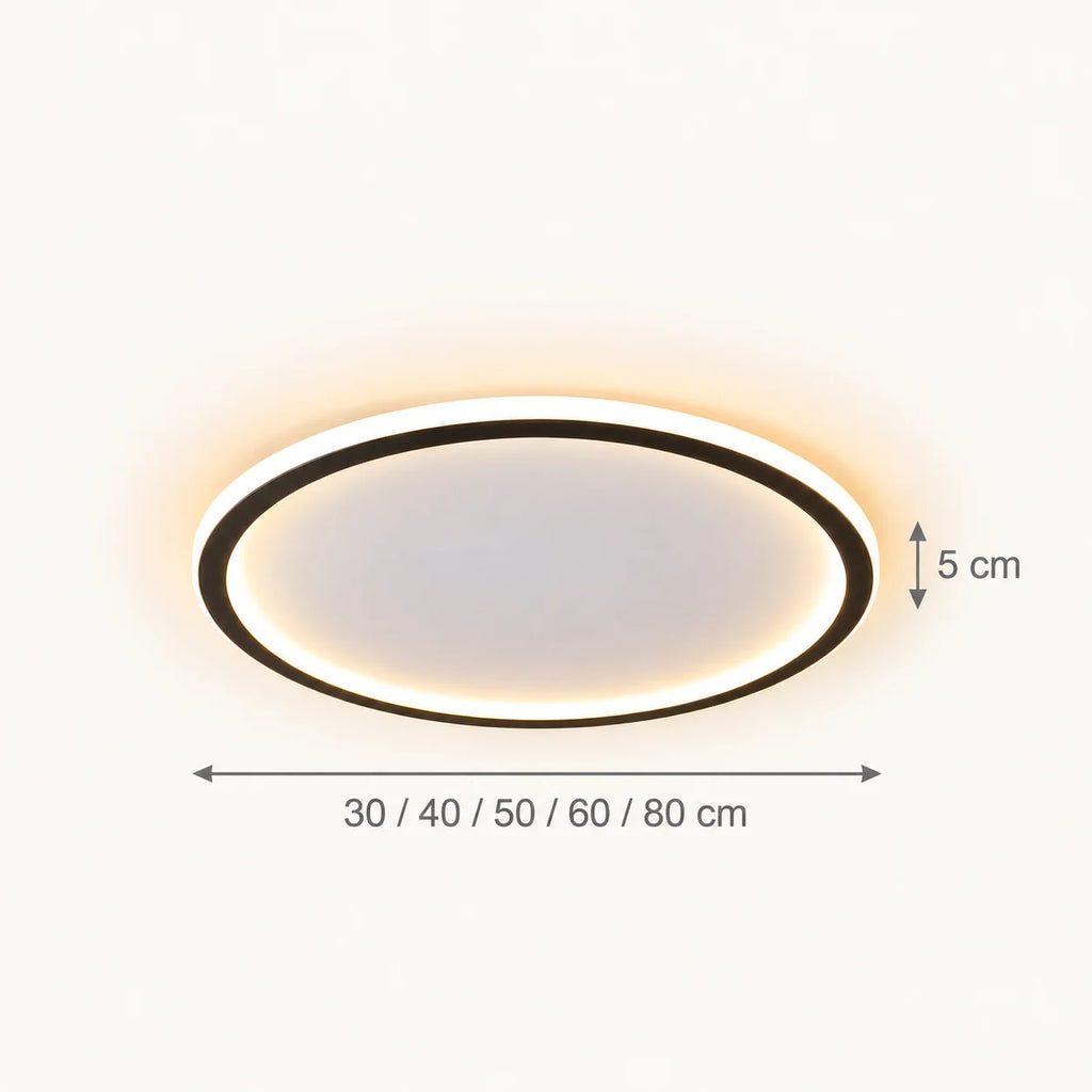 Schéma coté du plafonnier : 30, 40, 50, 60 ou 80 cm de diamètre, 5 cm d'épaisseur