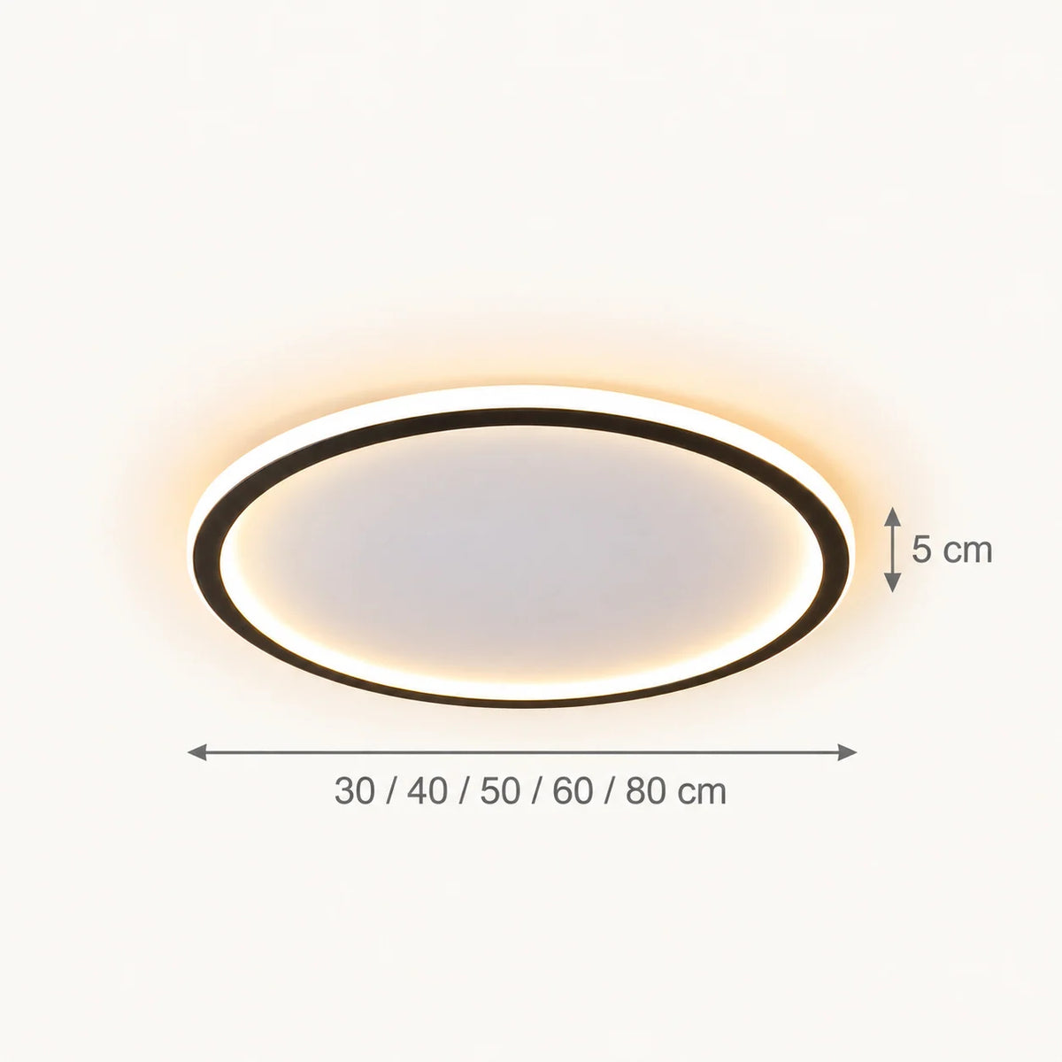 Schéma coté du plafonnier : 30, 40, 50, 60 ou 80 cm de diamètre, 5 cm d'épaisseur