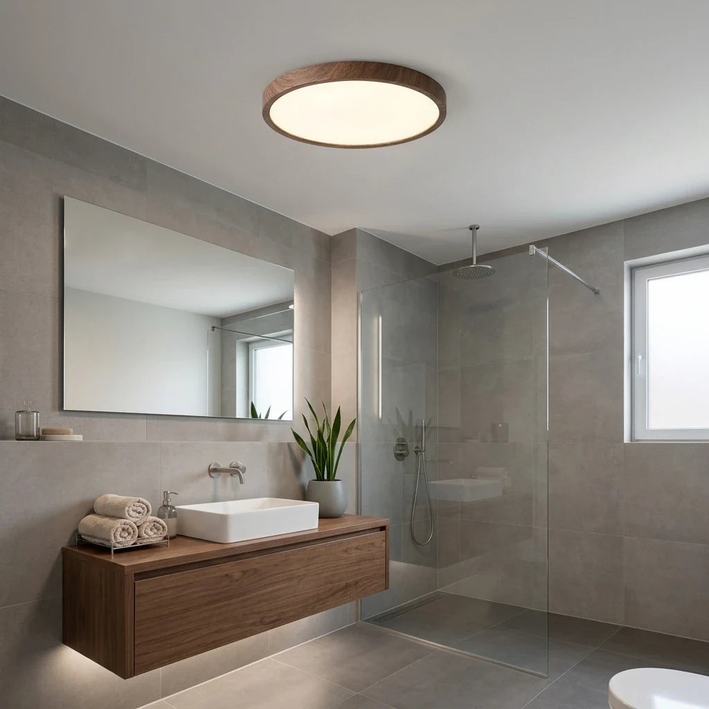 Plafonnier rond décor noyer au plafond d'une salle de bain, hors de la zone de douche