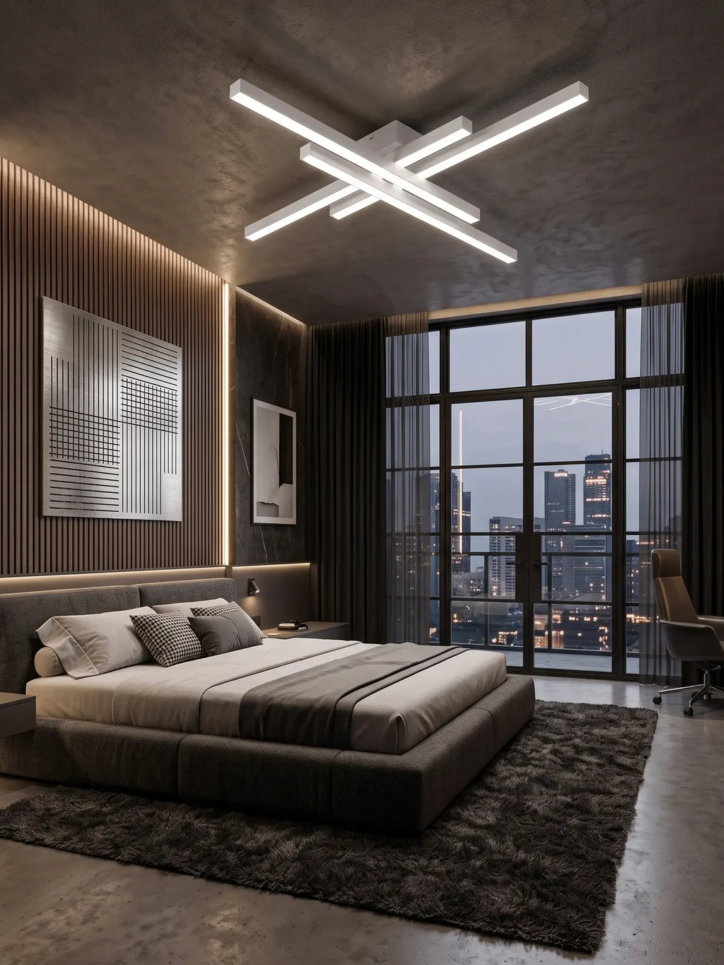 Plafonnier LED Sceaux blanc mat au-dessus d'un lit, mur en tasseaux de bois et marbre sombre, baie vitrée sur la ville