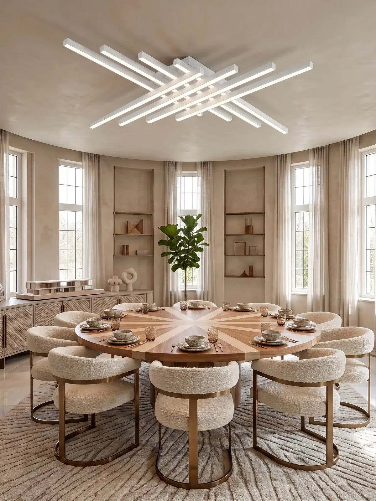 Plafonnier LED Sceaux blanc mat à huit barres croisées au-dessus d'une table ronde en marqueterie, salle à manger claire en plein jour