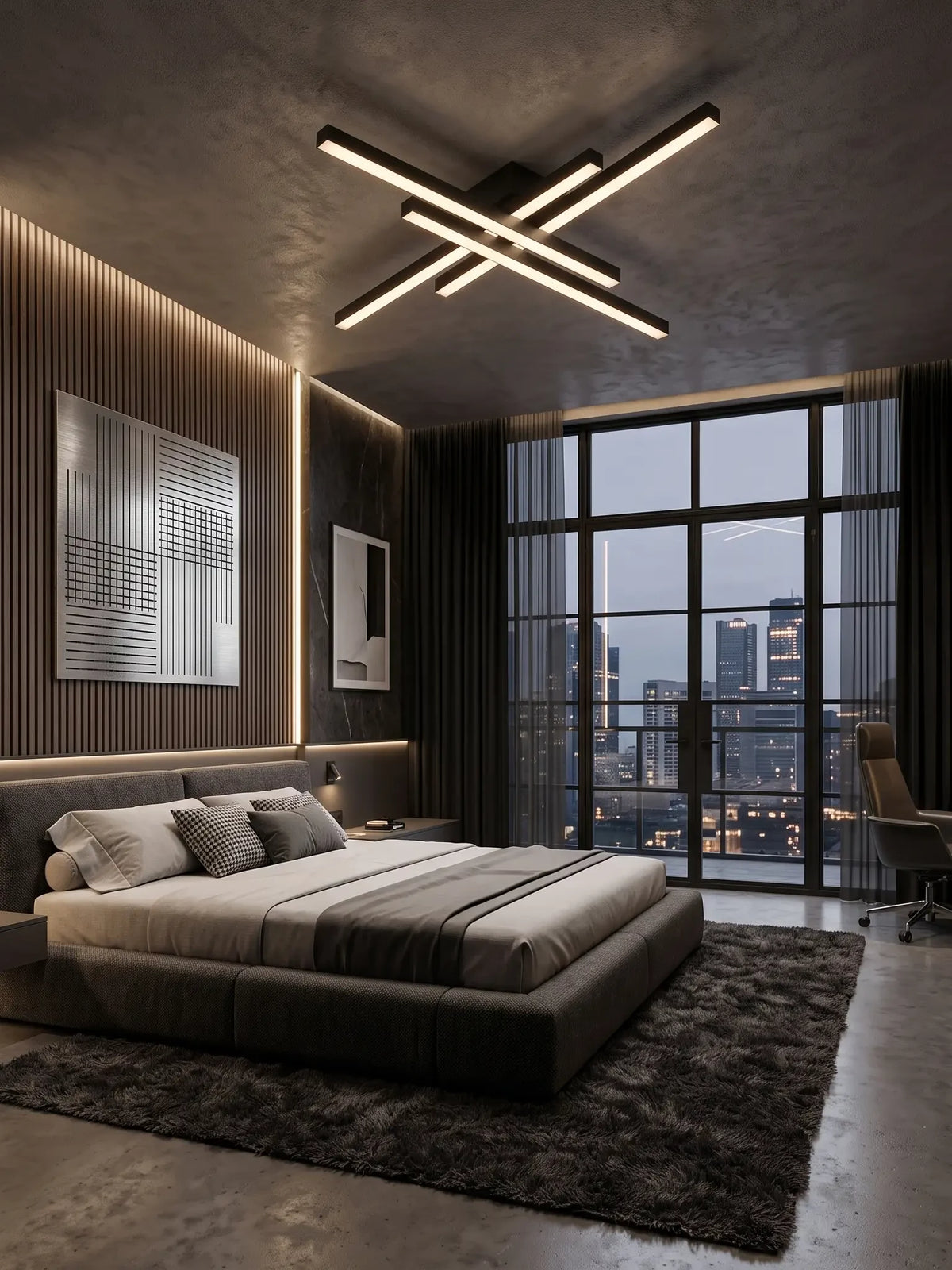 Plafonnier LED Sceaux noir mat au-dessus d'un lit, mur en tasseaux de bois et marbre sombre, baie vitrée sur la ville